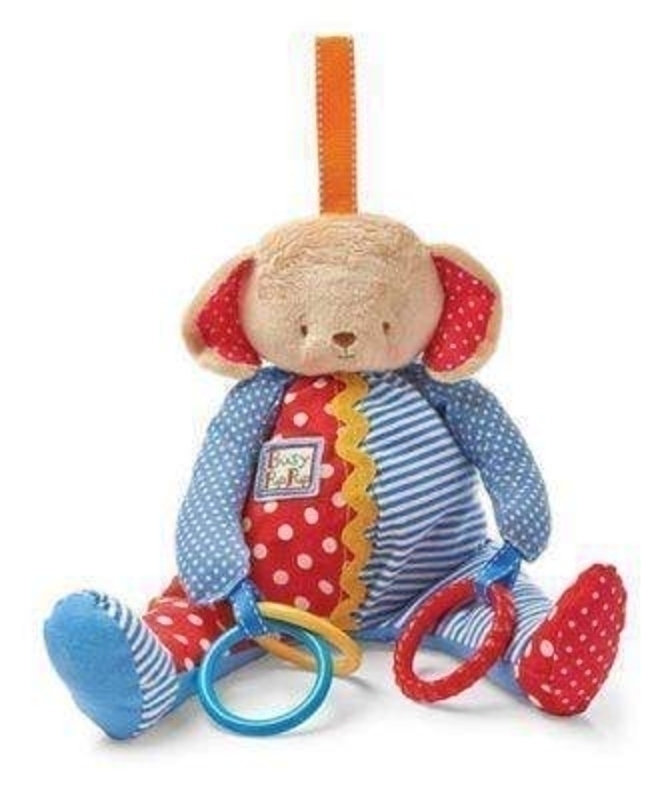 Busy Pup Dog Baby Toy by Deva Designs. Beautiful baby gift. Plush hanging toy with teething rings.